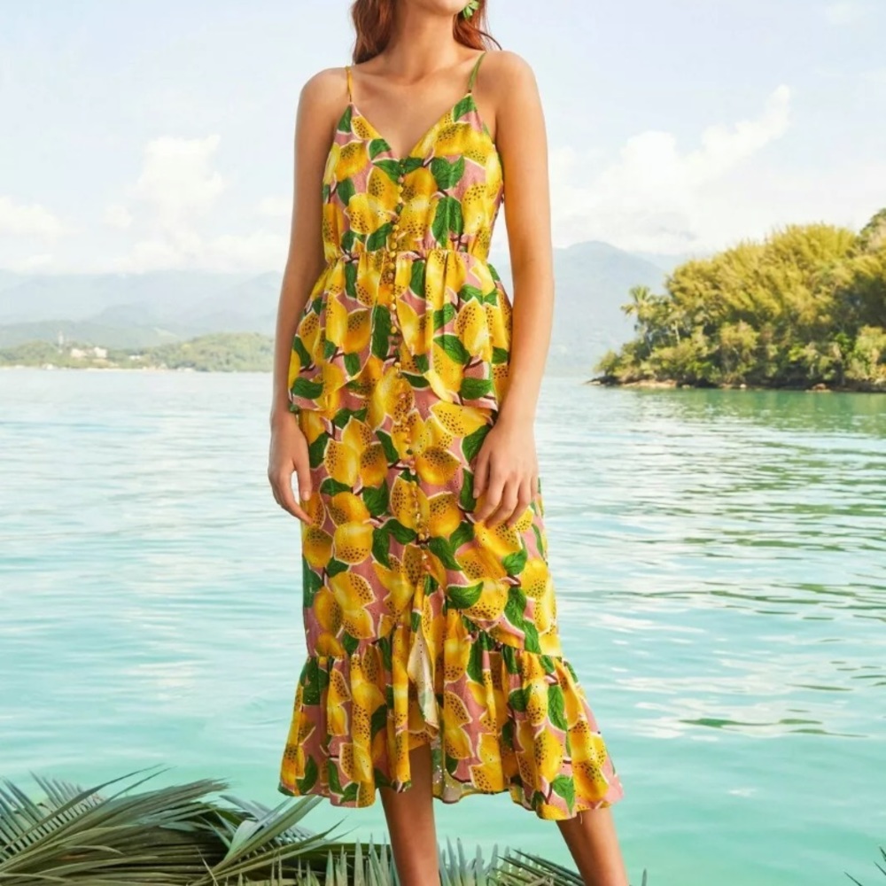 New FARM Rio Fresh Lemons Ruffled Midi Dress